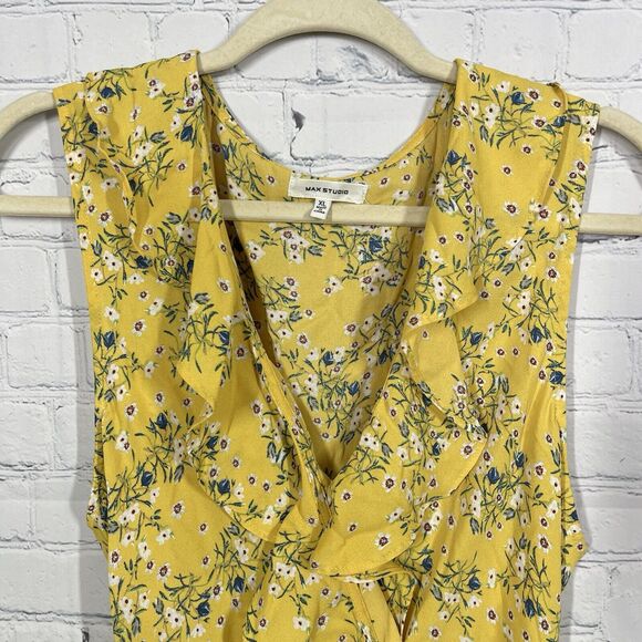 Max Studio Blouse Womens XL Yellow Floral Daisy Waist Belted Prairy Bohemian Top - Picture 3 of 12